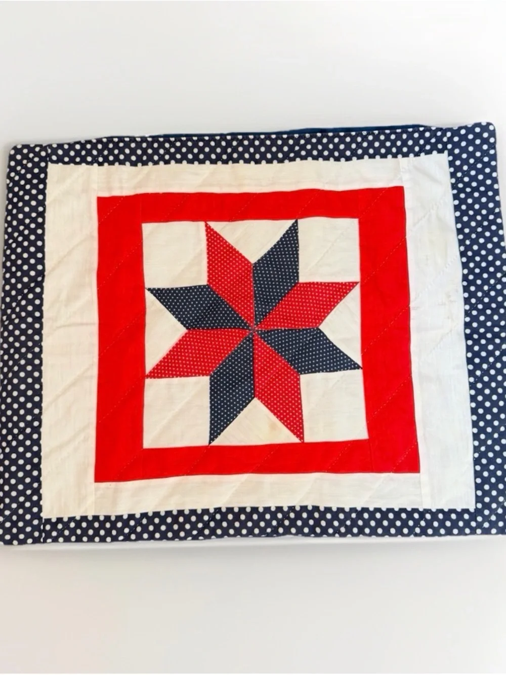 Vintage Patriotic Lone Star Quilted Pillow Sham Red White Blue Polka Dot 24x19
